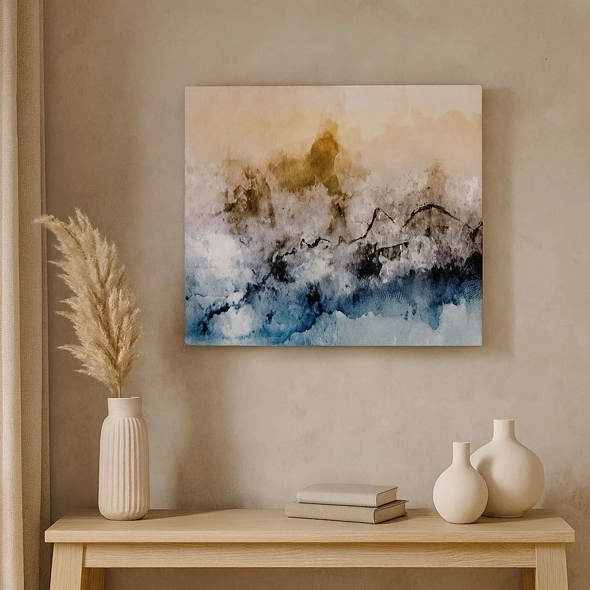 Schilderen op canvas - Abstract landschap met mist en subtiele kleuren - 70x50cm - Verdronken in een wolk van mist - Moderne wanddecoratie voor woonkamer en slaapkamer ARTTOR