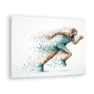 Schilderen op glas - Een loperfiguur gevormd uit kleurrijke deeltjes - 70x50cm - Het leven is een vlucht - Moderne wanddecoratie voor woonkamer en slaapkamer ARTTOR