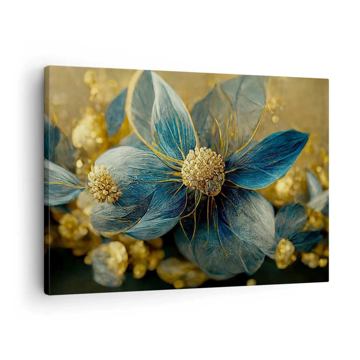 Schilderen op canvas - Elegante bloemen in tinten blauw en goud - 70x50cm - Bloei met goud - Moderne wanddecoratie voor woonkamer en slaapkamer ARTTOR