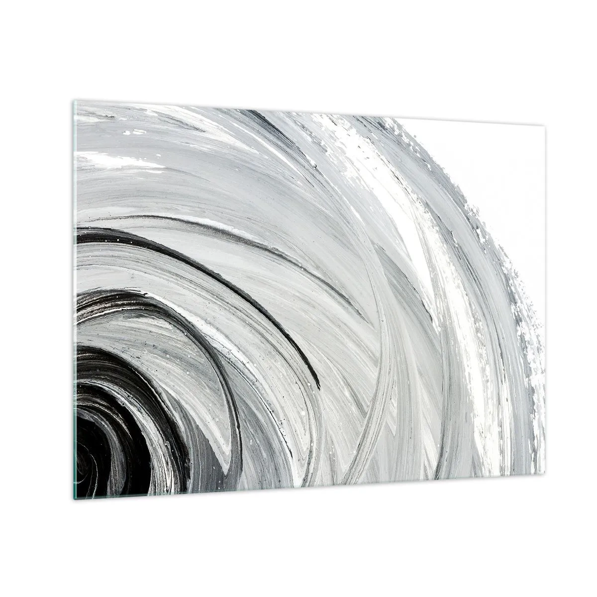 Schilderen op glas - Een zwart-witte spiraal met dynamische penseelstreken. - 70x50cm - Orbitale samenstelling - Moderne wanddecoratie voor woonkamer en slaapkamer ARTTOR