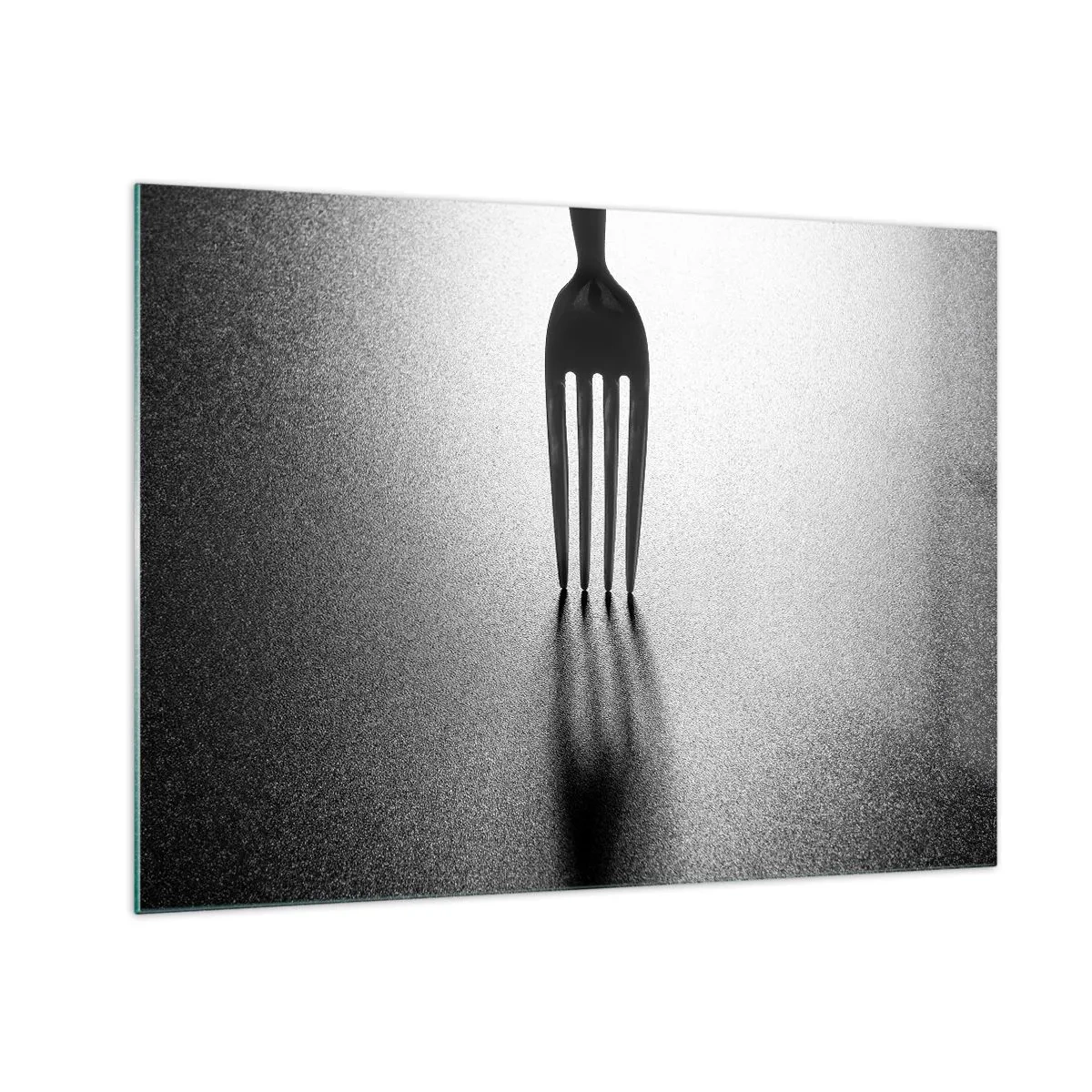 Schilderen op glas - Een vork werpt een schaduw in een minimalistische zwart-witcompositie - 70x50cm - Licht en schaduw - Moderne wanddecoratie voor woonkamer en slaapkamer ARTTOR