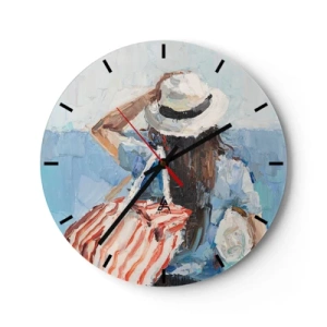 Wandklok - Klok - Een zomers schilderij van een vrouw met een hoed tegen de zee - 30x30cm - Welkom bij je vakantie - Moderne wanddecoratie voor woonkamer, keuken en slaapkamer ARTTOR
