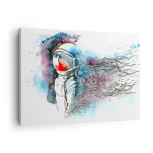 Schilderen op canvas - Een kosmonaut in een dynamische aquarel met kosmische details - 70x50cm - Alleen met de kosmos - Moderne wanddecoratie voor woonkamer en slaapkamer ARTTOR