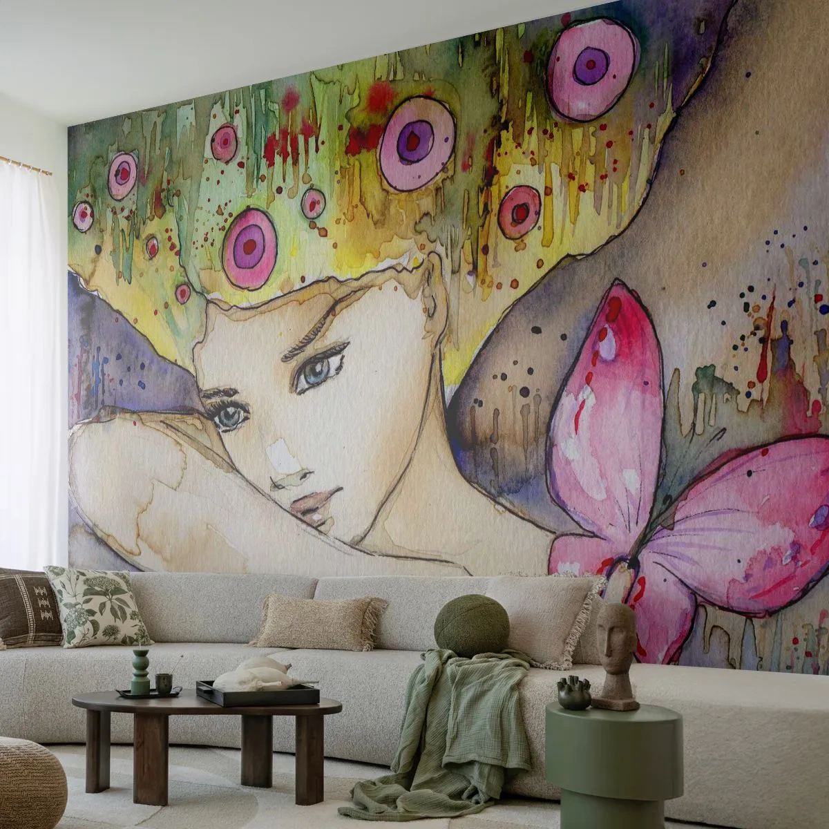 Zelfklevend Fotobehang Deluxe Sticker - Vlinderprinses - Abstractie, Vrouw, aquarellen - 400x280 cm