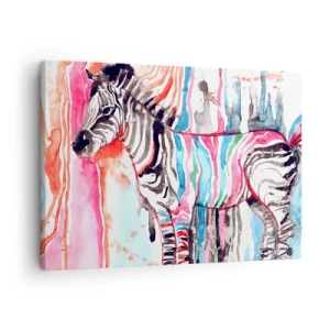 Schilderen op canvas - Een kleurrijke zebra tegen een achtergrond van abstracte aquarelpatronen - 70x50cm - Zorgeloze grap van de natuur - Moderne wanddecoratie voor woonkamer en slaapkamer ARTTOR