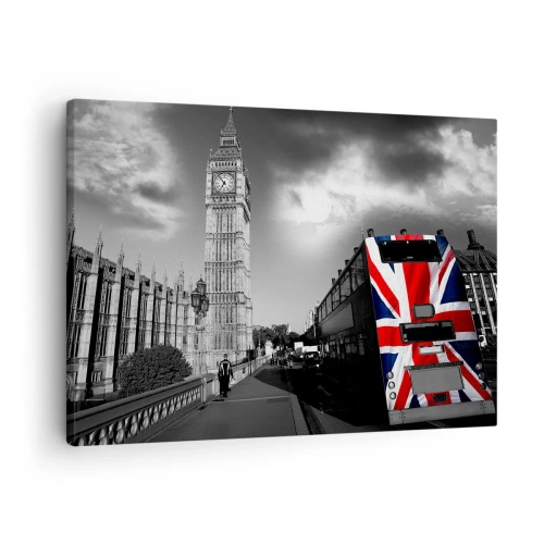 Schilderen op canvas - Big Ben en een bus met een Britse vlag tegen een zwart-witte achtergrond - 70x50cm - Trots en geweldig - Moderne wanddecoratie voor woonkamer en slaapkamer ARTTOR