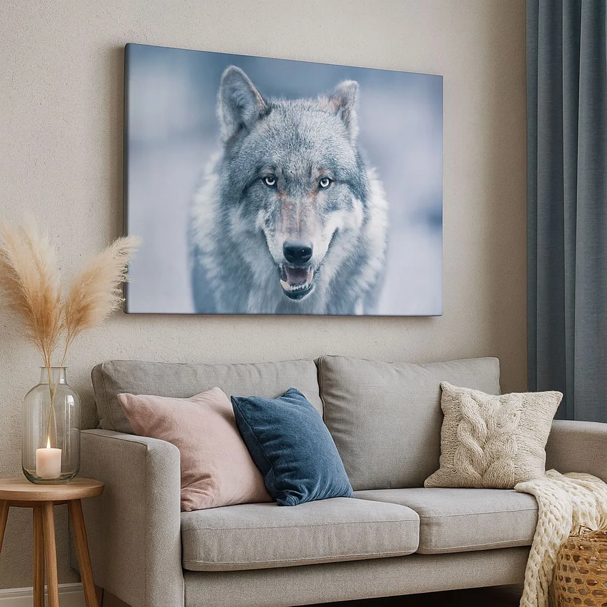 Schilderen op canvas - Een wolf met een intense blik in een winterlandschap - 70x50cm - Ga jij de uitdaging aan? - Moderne wanddecoratie voor woonkamer en slaapkamer ARTTOR