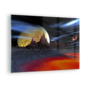 Schilderen op glas - Buitenaards landschap met een planeet en een kleurrijke lucht - 70x50cm - Onbekende wereld - Moderne wanddecoratie voor woonkamer en slaapkamer ARTTOR