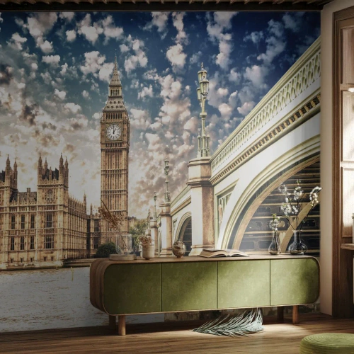 Fotobehang Premium Sand - Luchtige wolken boven de Theems - Stad, Londen, Engeland - 200x140 cm