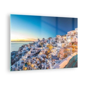 Schilderen op glas - Panorama van Santorini bij zonsondergang - 70x50cm - De essentie van Grieksheid - Moderne wanddecoratie voor woonkamer en slaapkamer ARTTOR