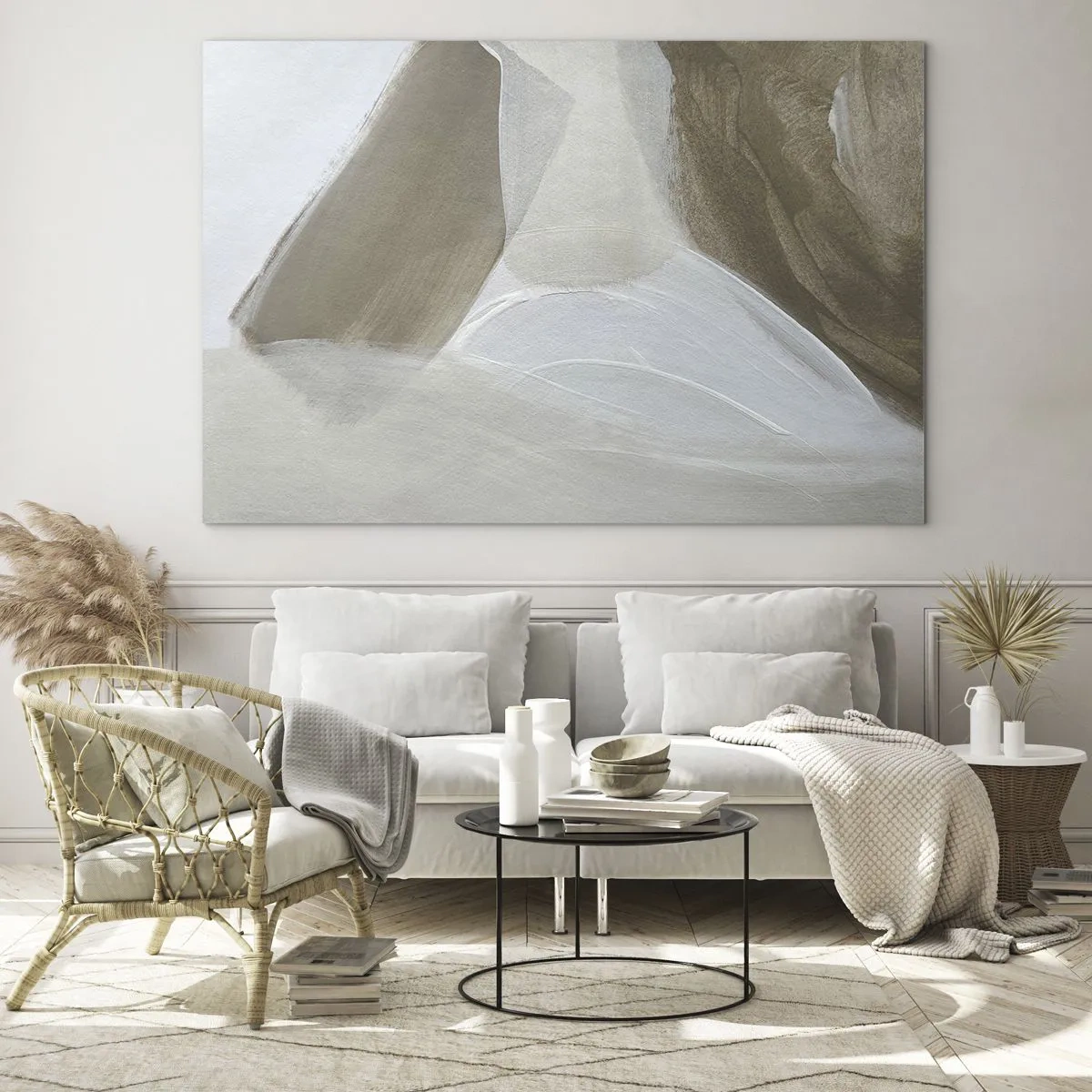 Schilderen op glas - Een delicate abstractie in wit en beige met zachte penseelstreken. - 70x50cm - Een golf van wit - Moderne wanddecoratie voor woonkamer en slaapkamer ARTTOR