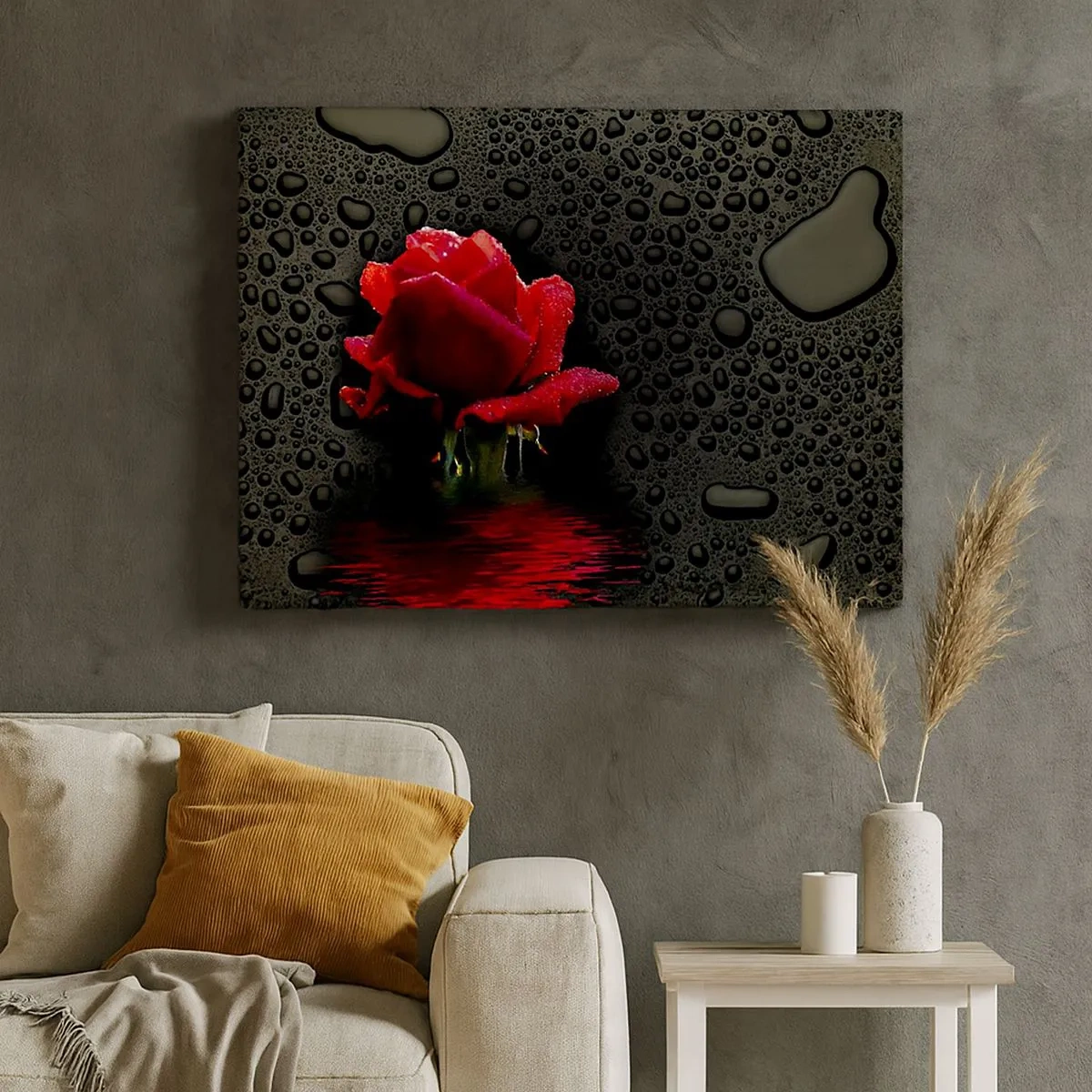 Schilderen op canvas - Rode roos met waterdruppels op een donkere achtergrond - 70x50cm - Rood en zwart - Moderne wanddecoratie voor woonkamer en slaapkamer ARTTOR