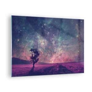 Schilderen op glas - Een boom tegen de achtergrond van een sterrenhemel en sterrenstelsel - 70x50cm - Onder de magische hemel - Moderne wanddecoratie voor woonkamer en slaapkamer ARTTOR