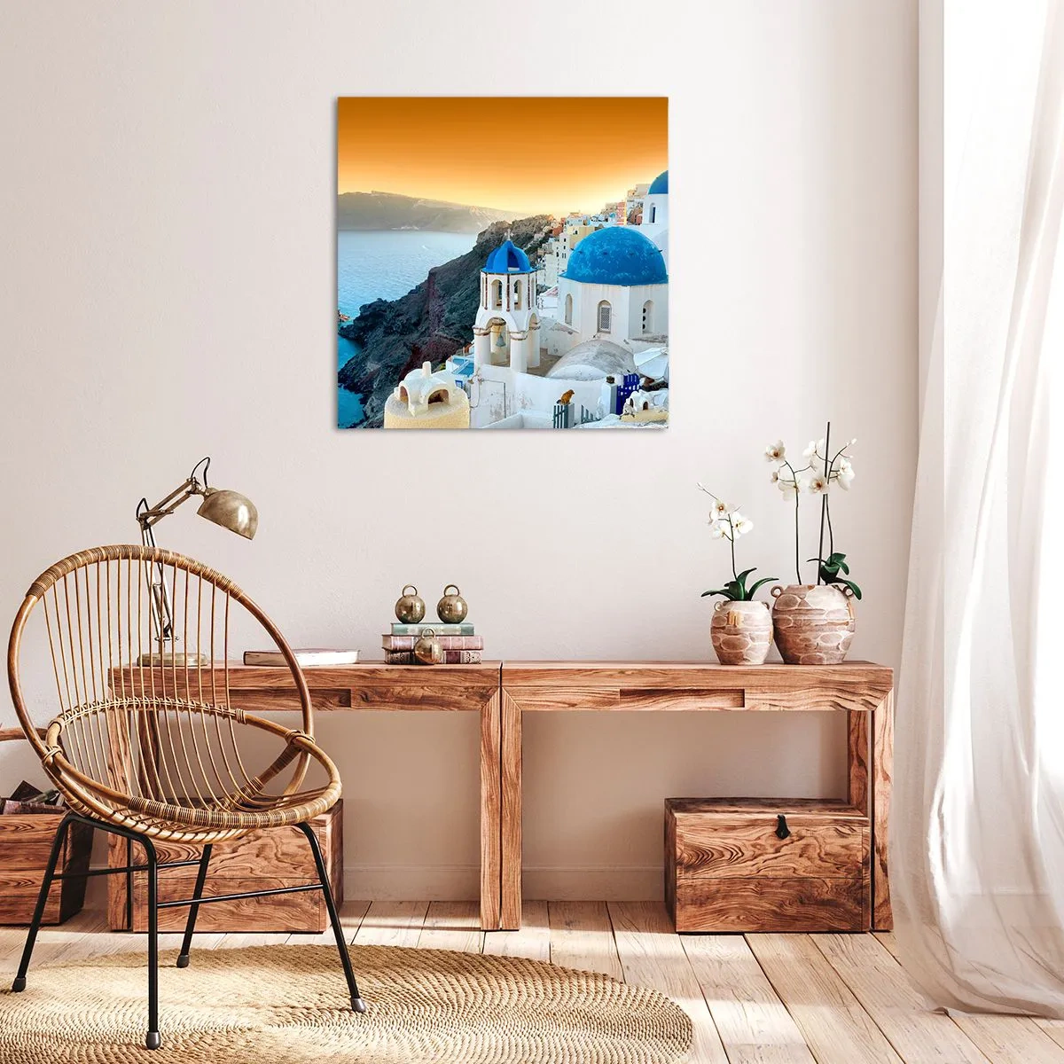 Schilderen op canvas - Santorini - genesteld tegen de rotsen - 30x30 cm