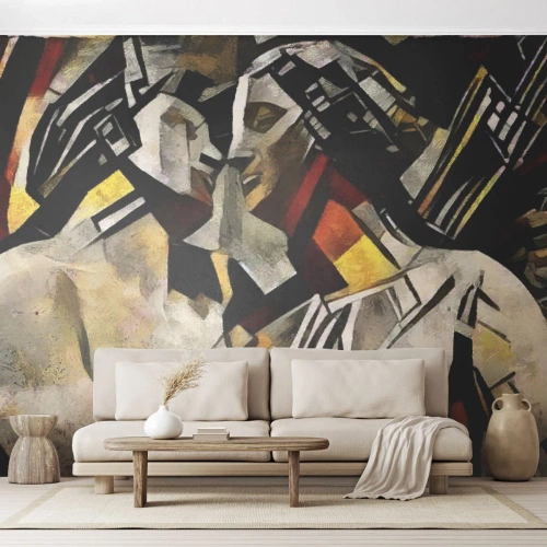 Fotobehang Premium Sand - Een statige kus - Verliefd stel, Kubisme, Kus - 100x70 cm