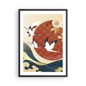 Poster in een zwarte lijst - Japanse compositie met kranen, golven en een rode cirkel - 50x70cm - Japans sprookje - Moderne wanddecoratie voor woonkamer en slaapkamer ARTTOR