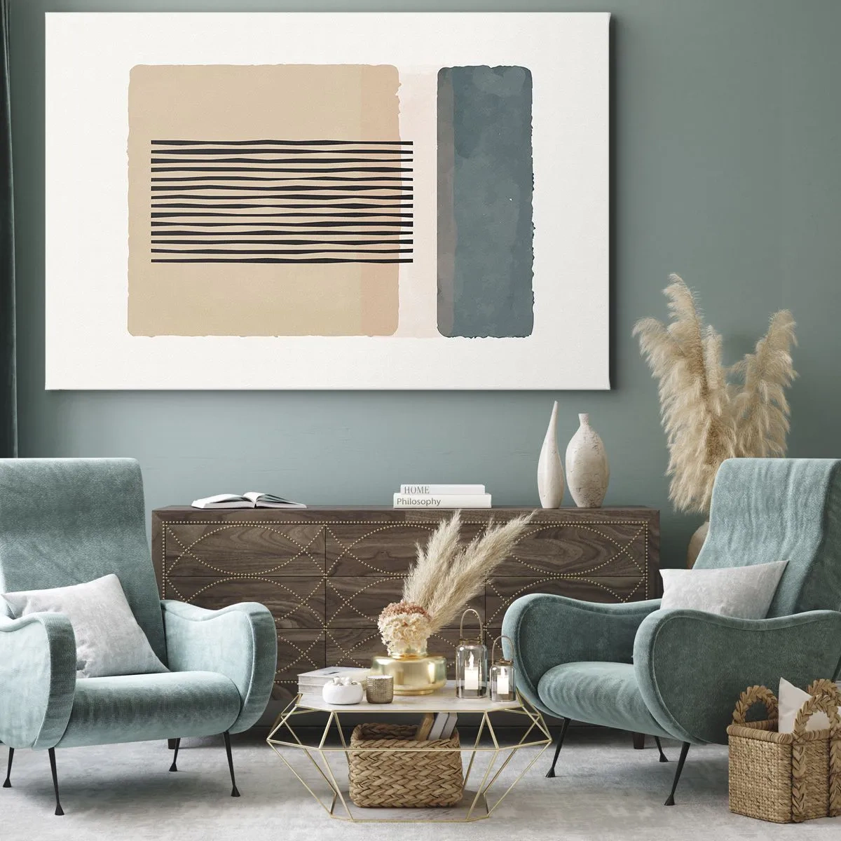 Schilderen op canvas - Minimalistische geometrische vormen in beige en groene tinten - 70x50cm - Alles is oke - Moderne wanddecoratie voor woonkamer en slaapkamer ARTTOR