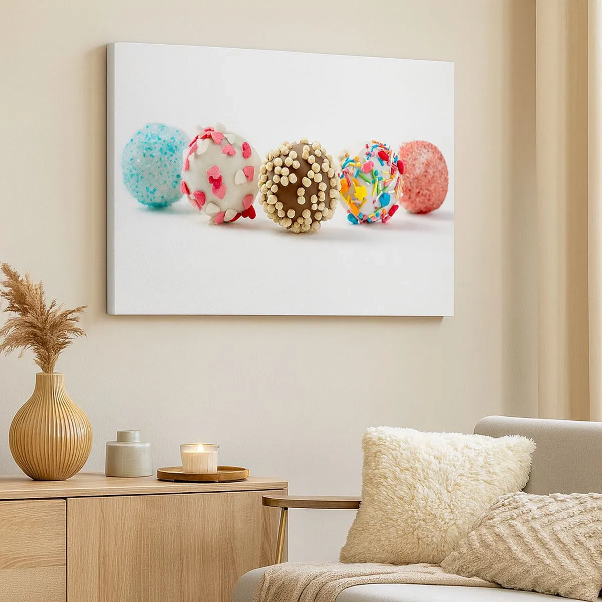 Schilderen op canvas - Kleurrijke pralines met versieringen op een witte achtergrond - 70x50cm - Het leven kan zoet zijn - Moderne wanddecoratie voor woonkamer en slaapkamer ARTTOR