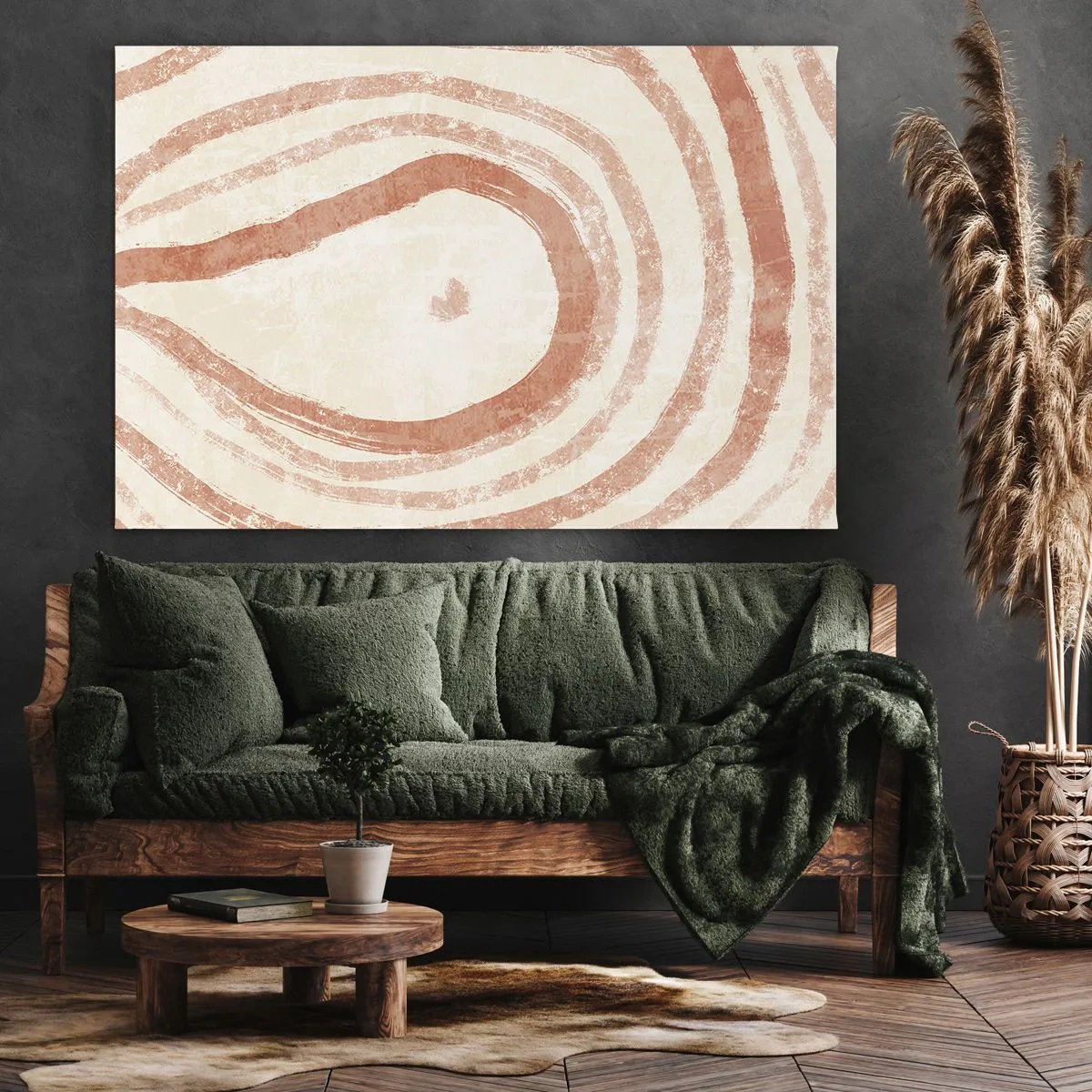 Schilderen op canvas - Een abstract motief van concentrische lijnen in terracotta tinten. - 70x50cm - Koraalcirkels – compositie - Moderne wanddecoratie voor woonkamer en slaapkamer ARTTOR