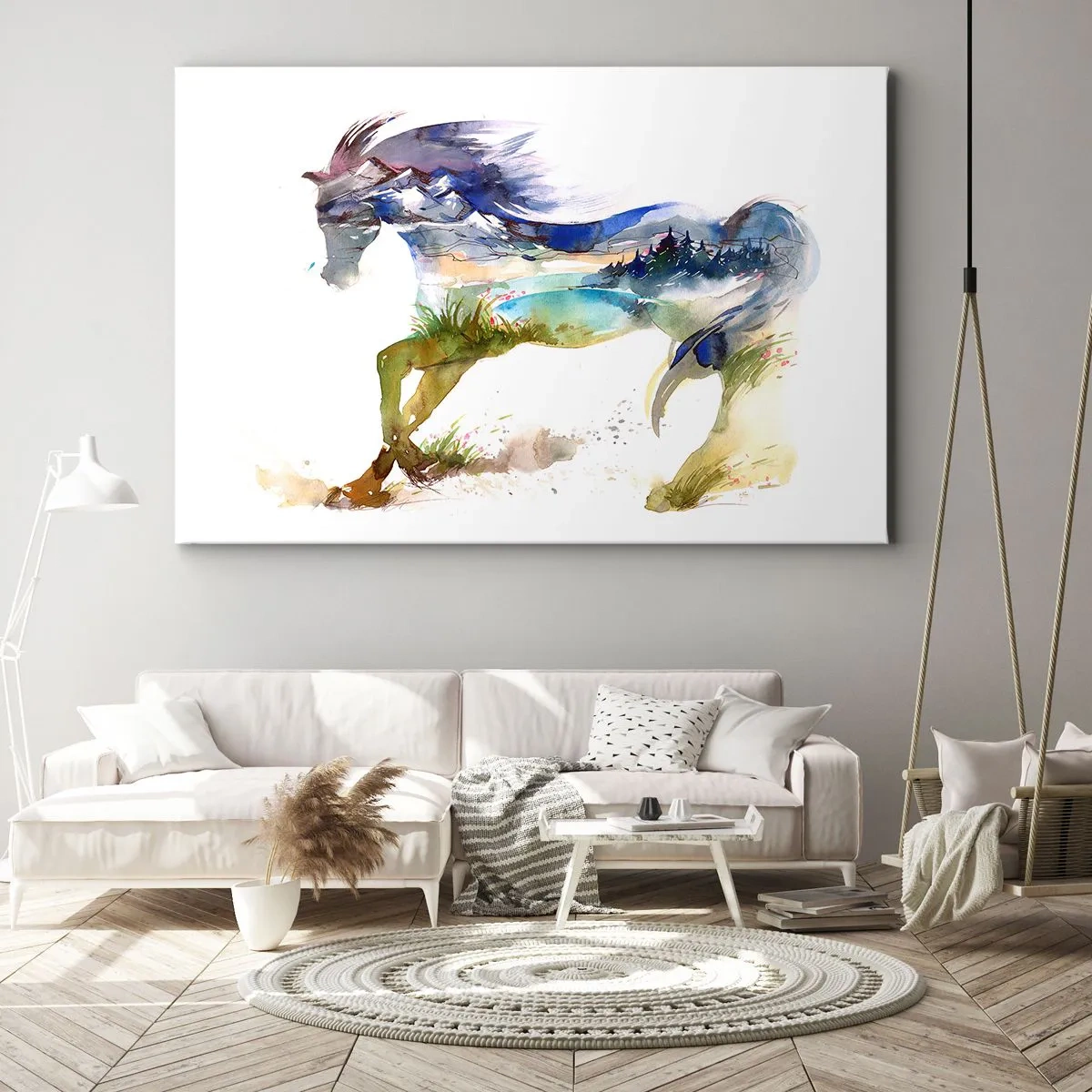 Schilderen op canvas - Aquarel van een paard met een berglandschap in silhouet - 70x50cm - Van de weide recht naar de hemel - Moderne wanddecoratie voor woonkamer en slaapkamer ARTTOR