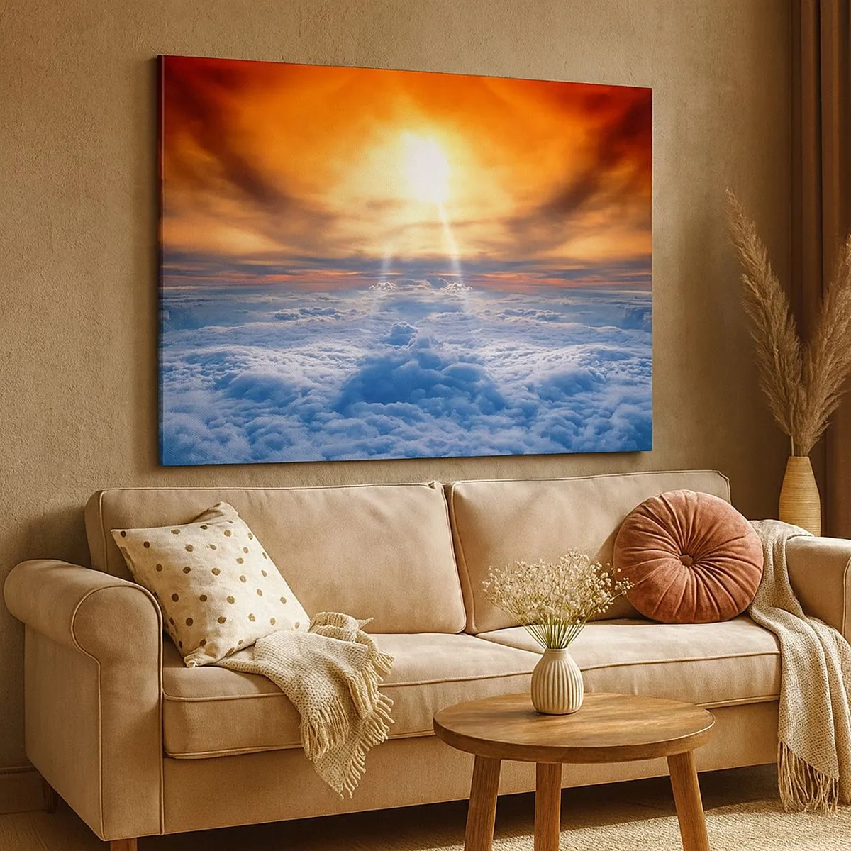 Schilderen op canvas - Zonsondergang boven de wolken, de lucht vol gouden kleuren en licht. - 70x50cm - Mystiek landschap - Moderne wanddecoratie voor woonkamer en slaapkamer ARTTOR