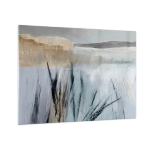 Schilderen op glas - Winterlandschap met grassen tegen de achtergrond van besneeuwde velden - 70x50cm - Wintervelden - Moderne wanddecoratie voor woonkamer en slaapkamer ARTTOR