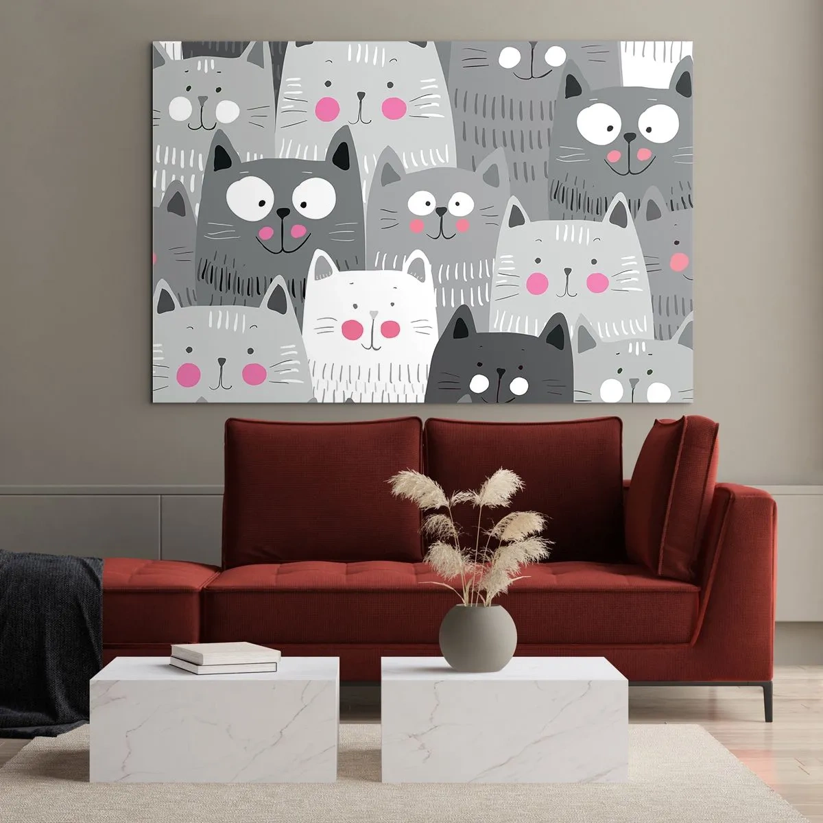 Schilderen op glas - Grappige katten in grijze kleuren op een witte achtergrond - 70x50cm - De wereld van de kat - Moderne wanddecoratie voor woonkamer en slaapkamer ARTTOR