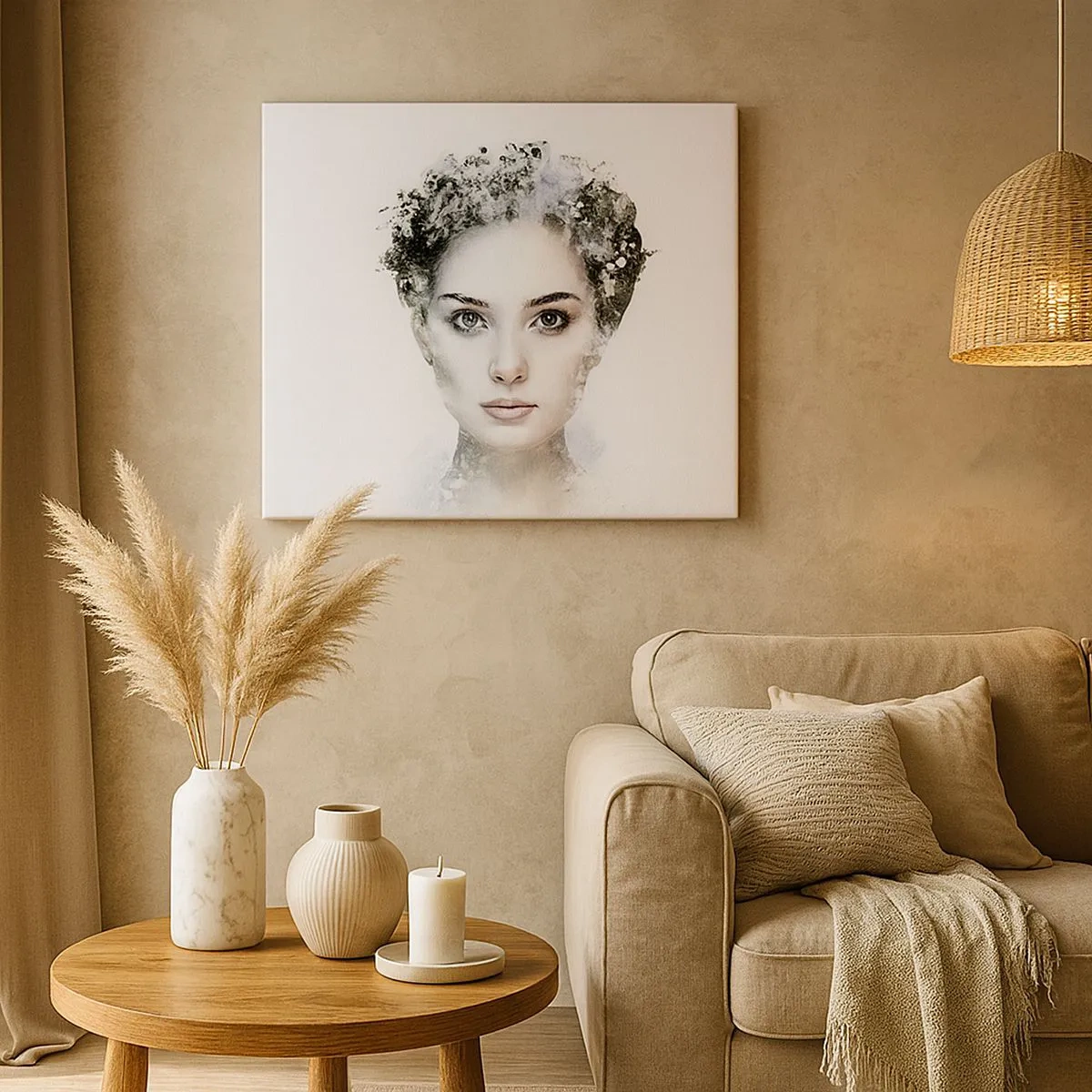 Schilderen op canvas - Een artistiek portret van een vrouw met delicate abstracte accenten. - 70x50cm - Een uiterst stijlvol portret - Moderne wanddecoratie voor woonkamer en slaapkamer ARTTOR