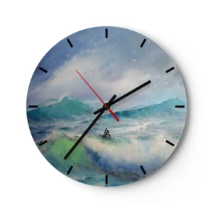 Wandklok - Klok - Een afbeelding van zeegolven met meeuwen in een blauwe lucht - 30x30cm - 'De wervelwind huilde van triomf...' - Moderne wanddecoratie voor woonkamer, keuken en slaapkamer ARTTOR
