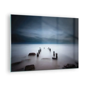 Schilderen op glas - Sfeervol kustlandschap met houten palen - 70x50cm - Peinzend meer - Moderne wanddecoratie voor woonkamer en slaapkamer ARTTOR