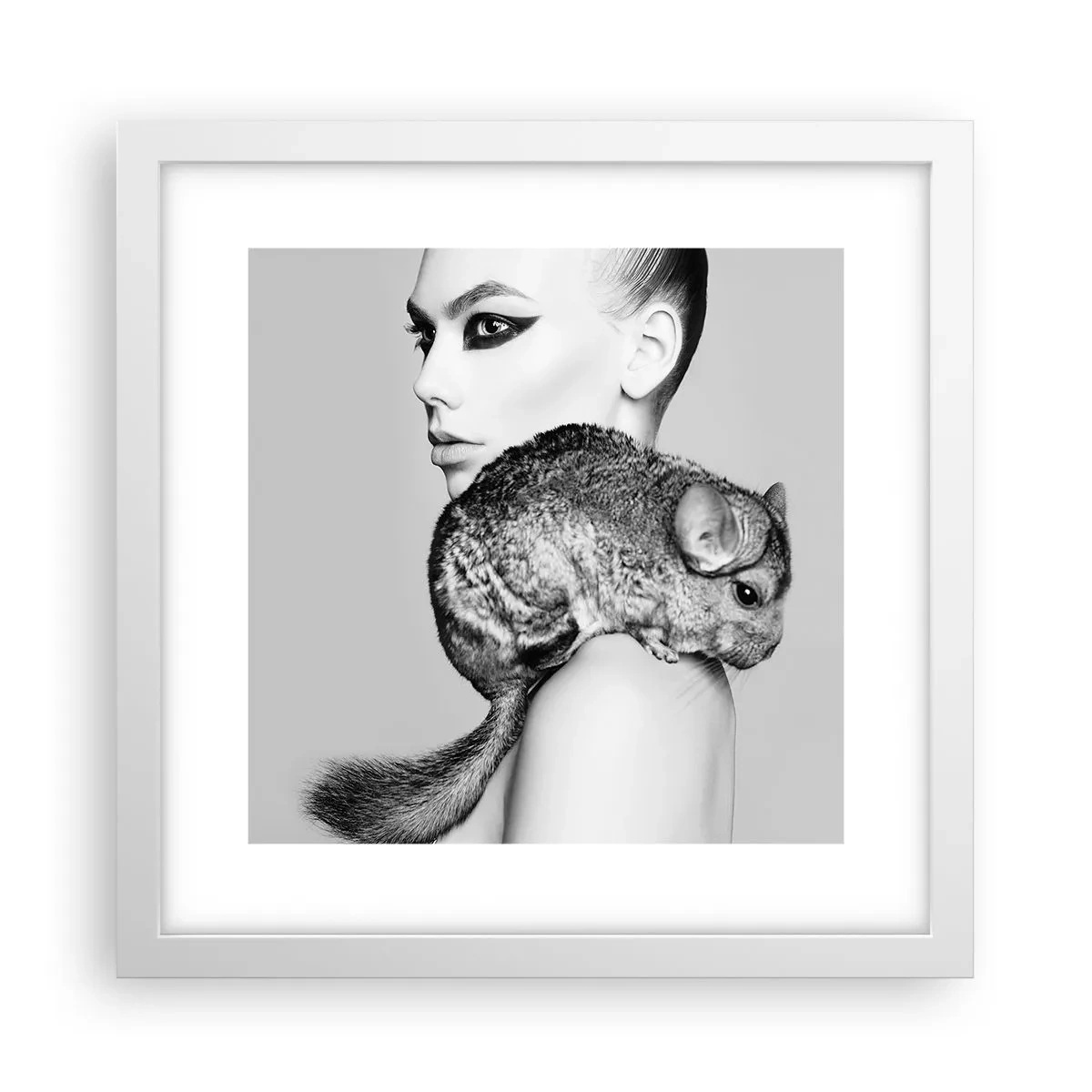 Poster in een witte lijst - Dame met een chinchilla - 30x30 cm