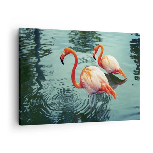 Schilderen op canvas - Twee flamingo's in het kalme water weerspiegelen hun omgeving - 70x50cm - We zijn nu in de mode - Moderne wanddecoratie voor woonkamer en slaapkamer ARTTOR