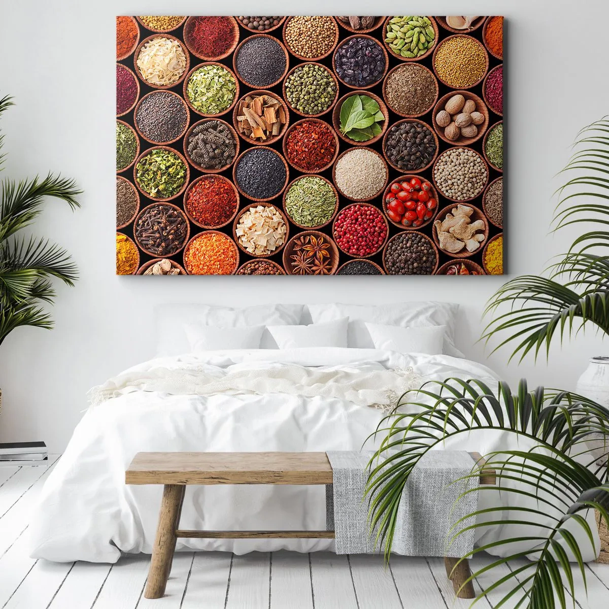 Schilderen op canvas - Kleurrijke kruiden in ronde bakjes - 70x50cm - Alle smaken van de wereld - Moderne wanddecoratie voor woonkamer en slaapkamer ARTTOR