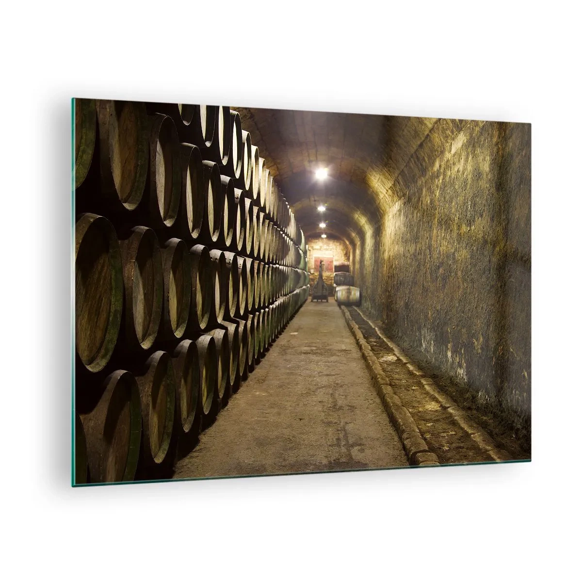 Schilderen op glas - Wijnkelder met rijen vaten - 70x50cm - Het is goed om te gaan liggen - Moderne wanddecoratie voor woonkamer en slaapkamer ARTTOR