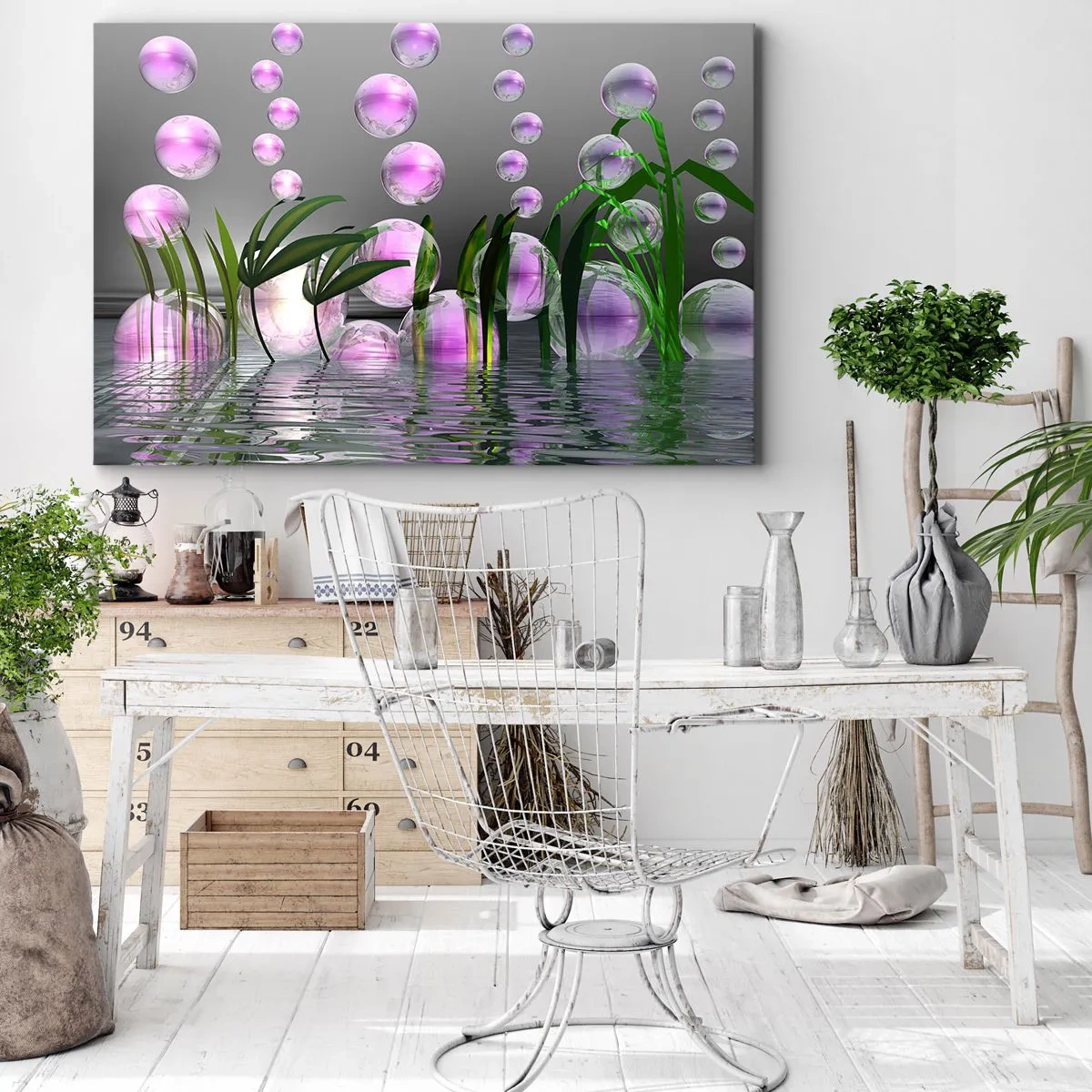 Schilderen op canvas - Groene bladeren en roze bubbels boven het water op een grijze achtergrond - 70x50cm - Een reflecterende compositie van lichtheid en leven - Moderne wanddecoratie voor woonkamer en slaapkamer ARTTOR