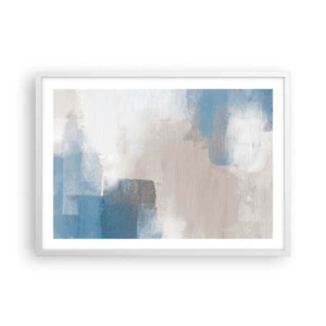 Poster in een witte lijst - Roze abstractie achter een blauw gordijn - 70x50 cm