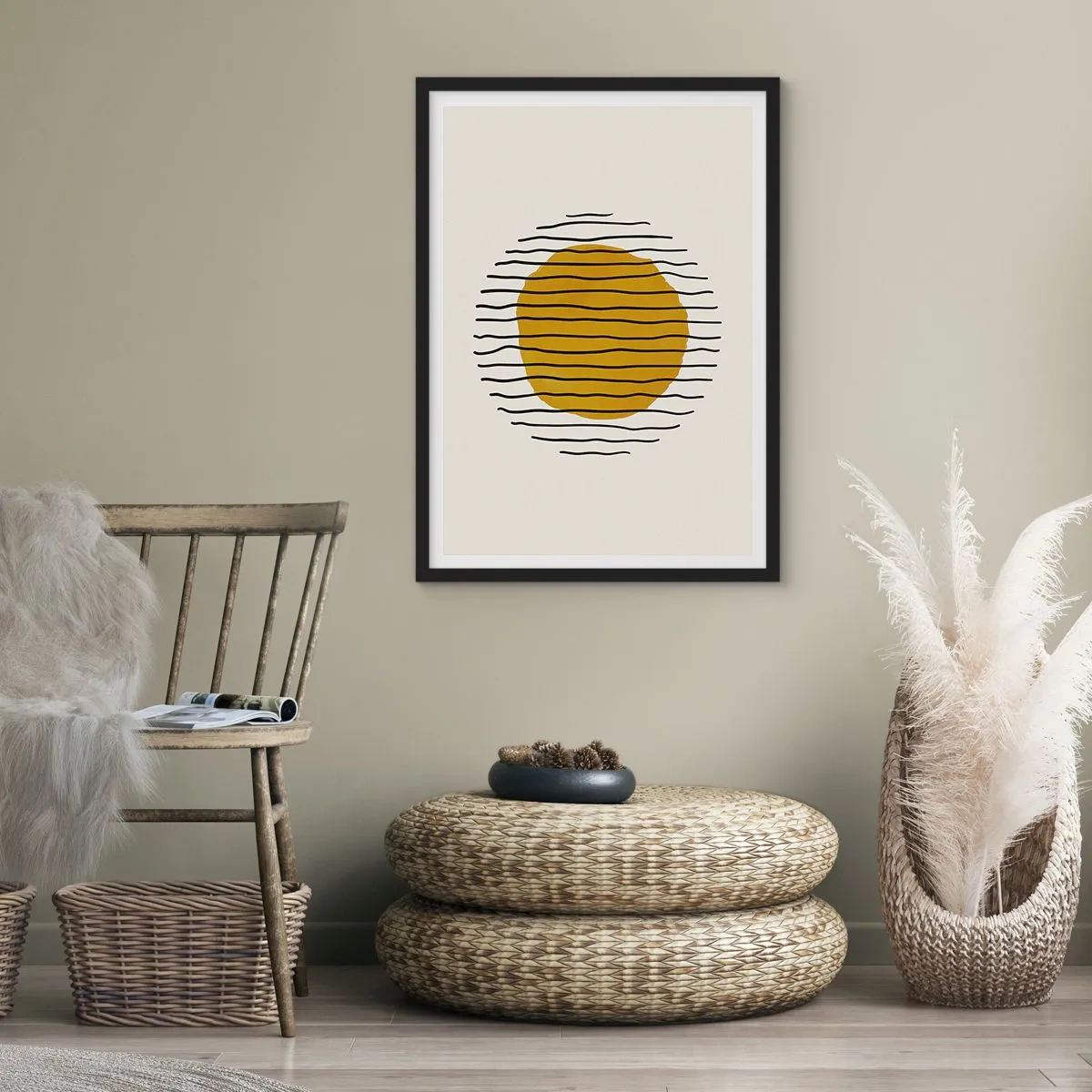 Poster in een zwarte lijst - Minimalistische afbeelding met een gele cirkel en zwarte lijnen - 50x70cm - Abstractie trillend van warmte - Moderne wanddecoratie voor woonkamer en slaapkamer ARTTOR