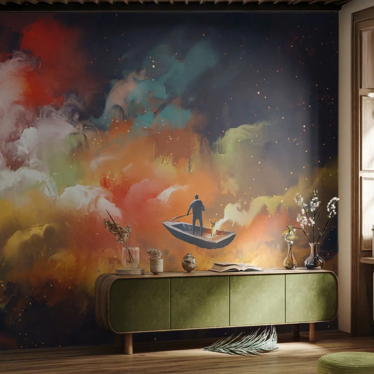 Fotobehang Standard Eco - Met de boot door de sterrenstelsel - Abstractie, Fantasie, Reis - 200x140 cm