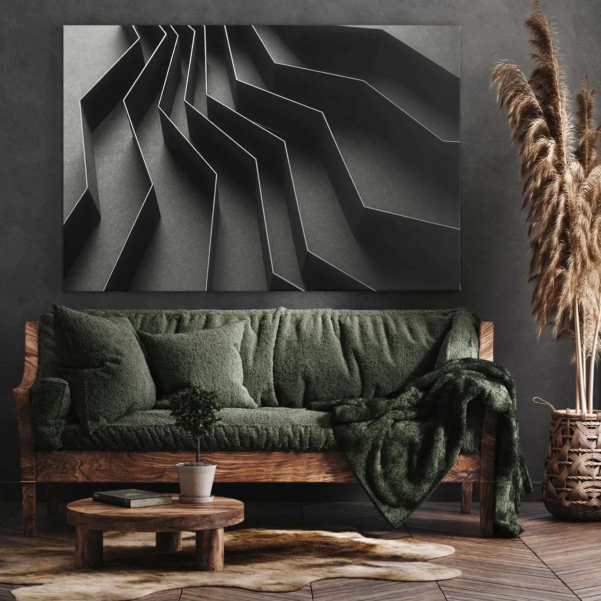 Schilderen op canvas - Zwart-wit abstractie met geometrische structuren - 70x50cm - Ruimtelijke orde - Moderne wanddecoratie voor woonkamer en slaapkamer ARTTOR