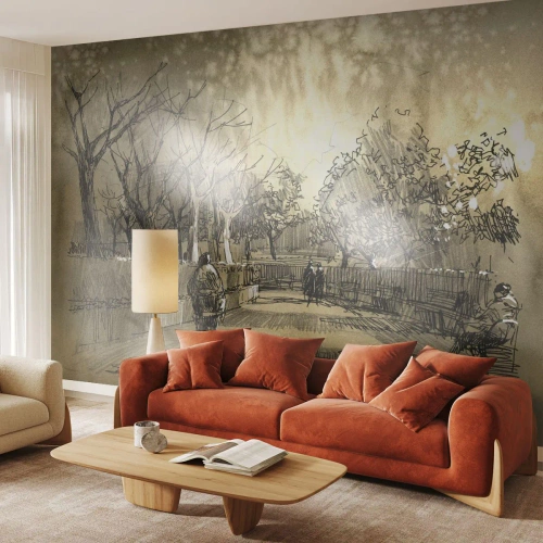 Fotobehang Standard Eco - Schetsmatig parklandschap in warme sepiatinten met figuren - 100x70cm - Een moment gestopt met een veer - Moderne wanddecoratie voor woonkamer en slaapkamer ARTTOR