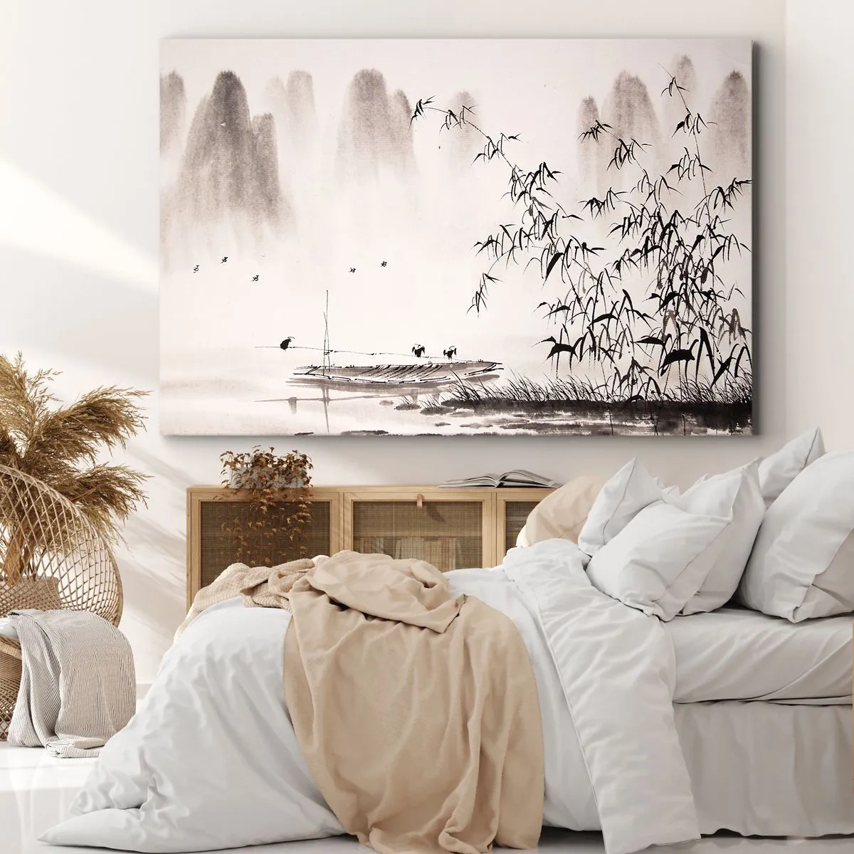 Schilderen op canvas - Een minimalistisch landschap in oosterse stijl - 70x50cm - De stilte van de rijstvelden - Moderne wanddecoratie voor woonkamer en slaapkamer ARTTOR