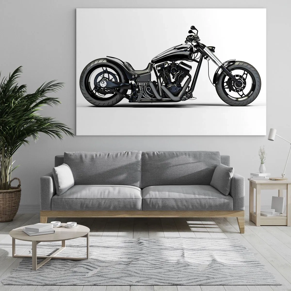 Schilderen op glas - Zwarte custom motorfiets op een witte achtergrond - 70x50cm - Voor wie van vrijheid houdt - Moderne wanddecoratie voor woonkamer en slaapkamer ARTTOR