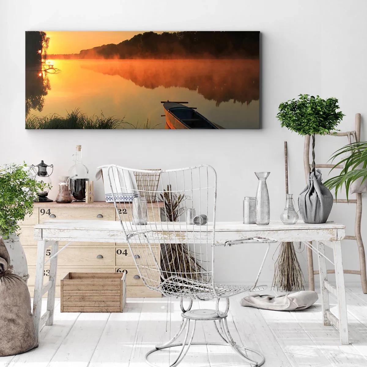 Schilderen op canvas - Zonsopgang boven het water als een spiegel - 140x50 cm