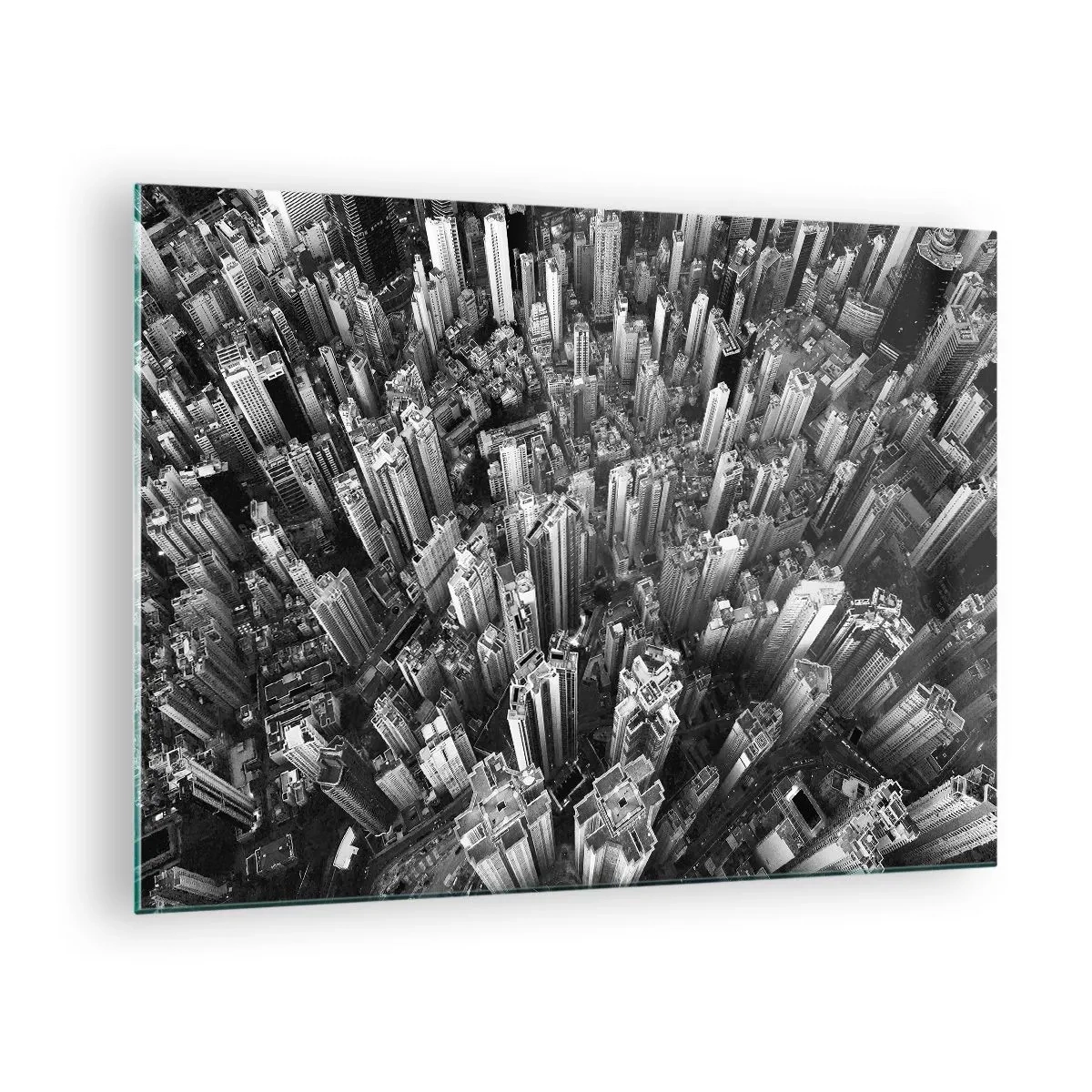 Schilderen op glas - Zwart-wit vogelperspectief van de stad - 70x50cm - Nog steeds hoger en hoger - Moderne wanddecoratie voor woonkamer en slaapkamer ARTTOR