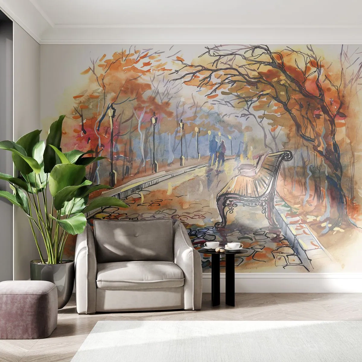 Fotobehang Premium Sand - Samen wandelen in de herfst - Landschap, Park, Herfst - 100x70 cm