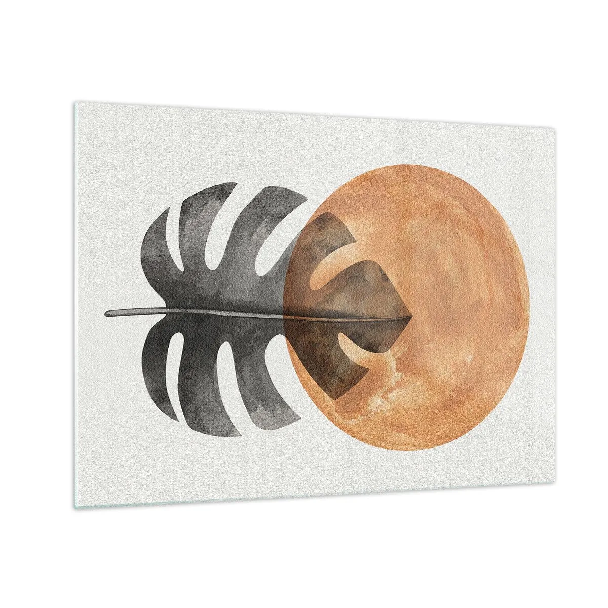 Schilderen op glas - Monstera-blad en oranje cirkel in grafische stijl op witte achtergrond. - 70x50cm - Altijd de zon - Moderne wanddecoratie voor woonkamer en slaapkamer ARTTOR