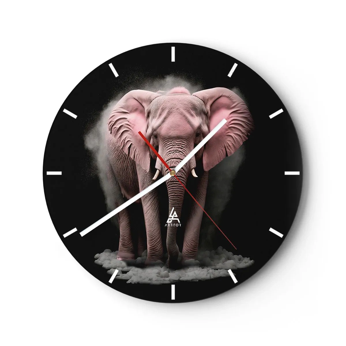 Wandklok - Klok - Een roze olifant op een zwarte achtergrond omgeven door mist - 30x30cm - Denk niet aan een roze olifant! - Moderne wanddecoratie voor woonkamer, keuken en slaapkamer ARTTOR