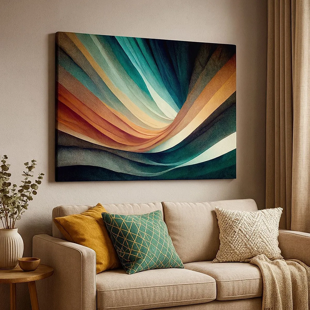 Schilderen op canvas - Abstracte golven in warme en koele tinten - 70x50cm - Geweven uit kleuren - Moderne wanddecoratie voor woonkamer en slaapkamer ARTTOR