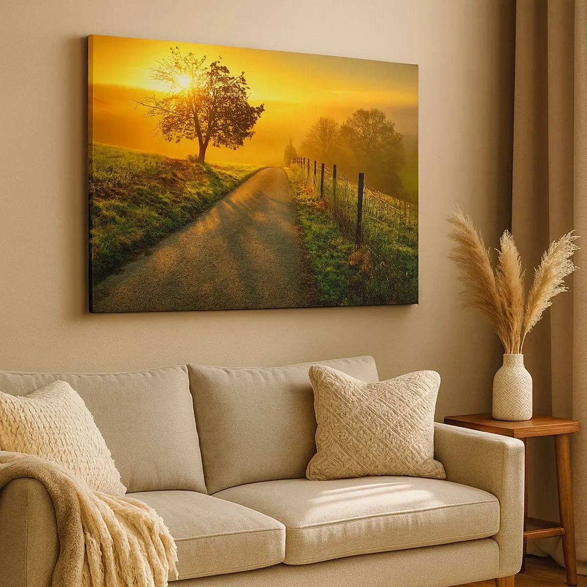Schilderen op canvas - Een pittoreske weg bij zonsondergang met een eenzame boom op de achtergrond - 70x50cm - Honingmiddag - Moderne wanddecoratie voor woonkamer en slaapkamer ARTTOR