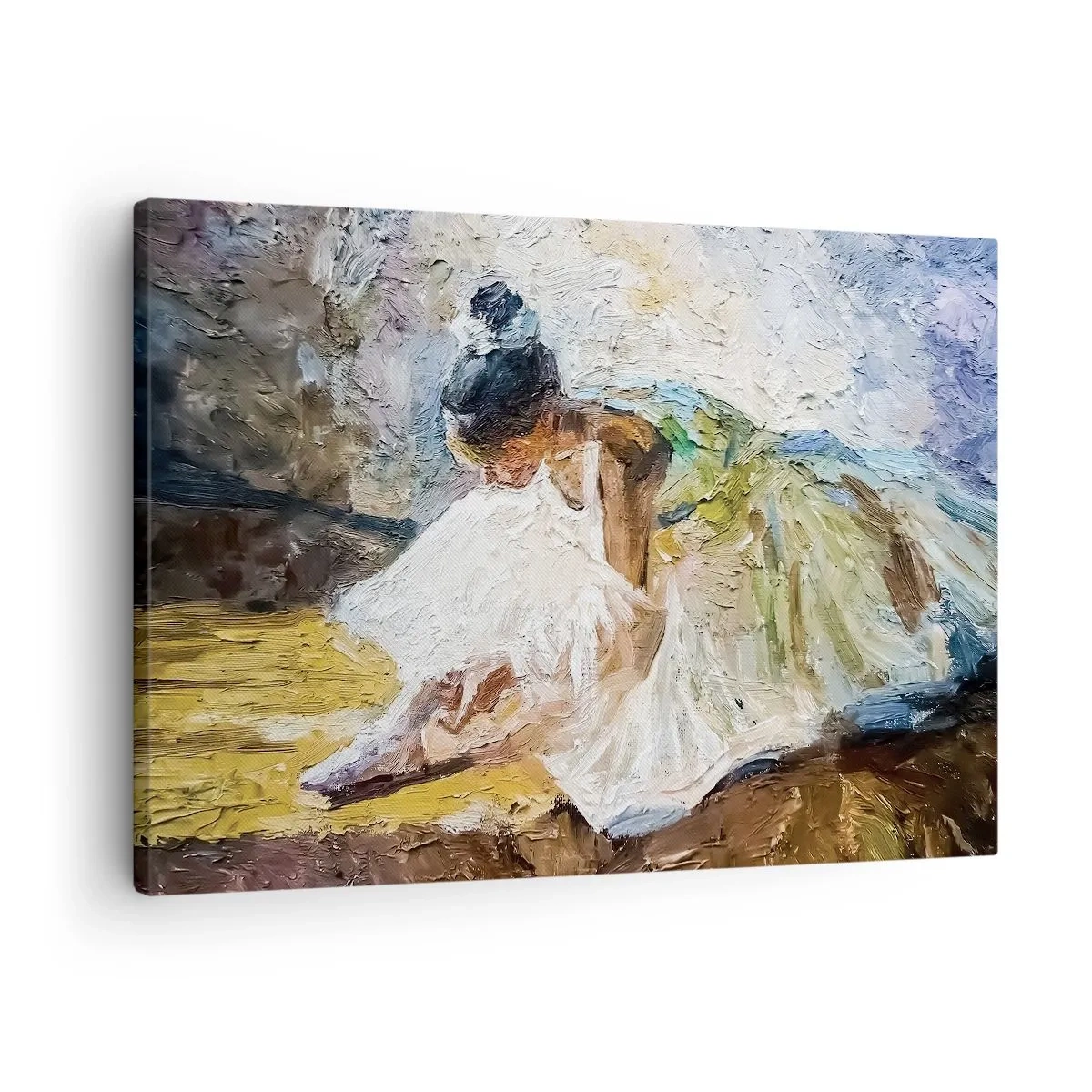 Schilderen op canvas - Een ballerina in een witte jurk in schilderachtige stijl tegen een impressionistische achtergrond. - 70x50cm - Naar een schilderij van Degas - Moderne wanddecoratie voor woonkamer en slaapkamer ARTTOR